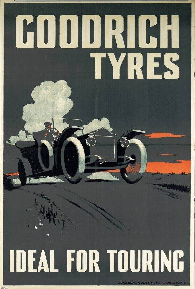 Plakatwerbung für Goodrich Reifen, das ein Auto mit einer Person zeigt und Textinformationen über das Unternehmen und seine Dienstleistungen enthält.