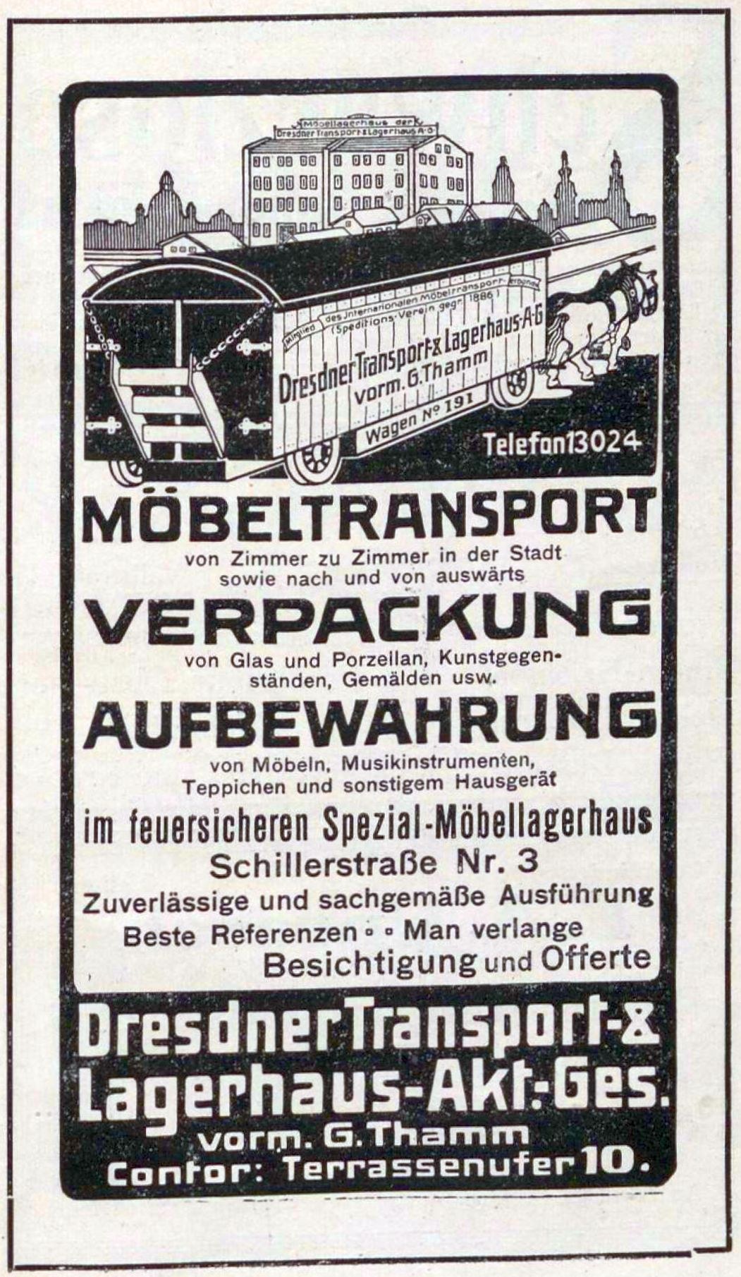 Anzeige für eine Bahn mit einem Bild einer Bahn, Text "Dresdner Transport & Lagerhaus-Akt-Ges" und Gebäuden im Hintergrund.