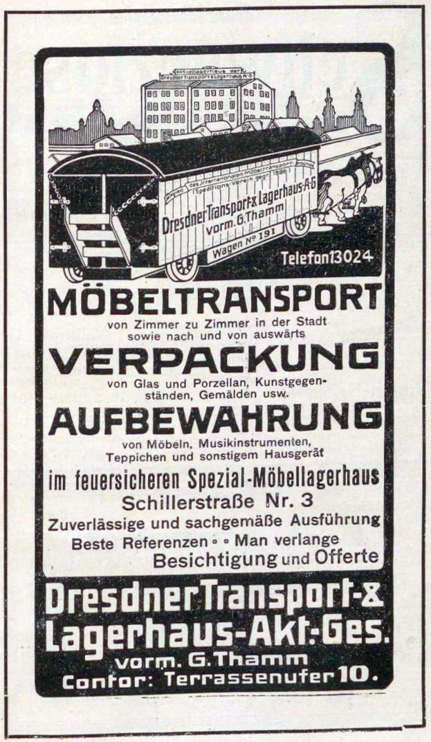 Anzeige für eine Bahn mit einem Bild einer Bahn, Text "Dresdner Transport & Lagerhaus-Akt-Ges" und Gebäuden im Hintergrund.