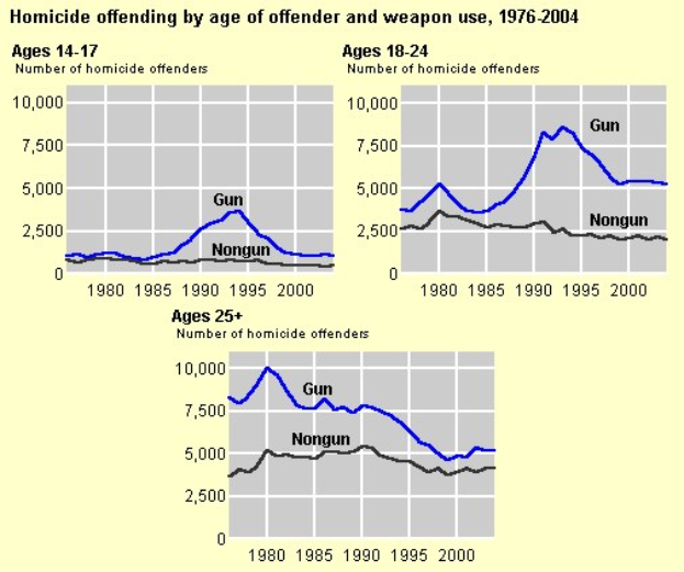 Balkendiagramm, das die Homicide-Offending-Rates nach Alter des Täters und Waffennutzung von 1976 bis 2004 zeigt, mit begleitendem erklärendem Text.