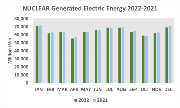 Balkendiagramm, das die nuclear-generated electric energy von 2021 bis 2022 zeigt, mit begleitendem erklärendem Text.