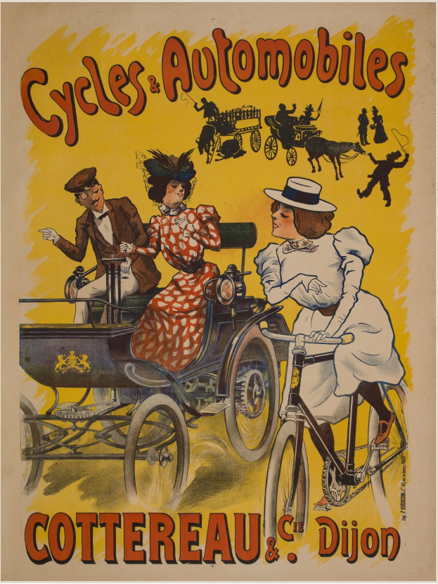 Ein Vintage-Plakat, das Fahrräder und Automobile in Cottereau und Dijon, Frankreich, bewirbt, zeigt eine Gruppe von Menschen, die Fahrräder fahren und eine Kutsche gezogen von einem Pferd, mit den Worten "Fahrräder und Automobile" darüber.