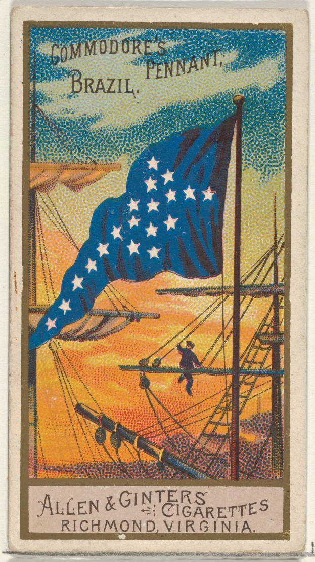Eine alte Zigarettenkarte mit einer amerikanischen Flagge, einem Schiff mit einer Person an Deck und der Aufschrift "Commodore's Pennant, Brazil".