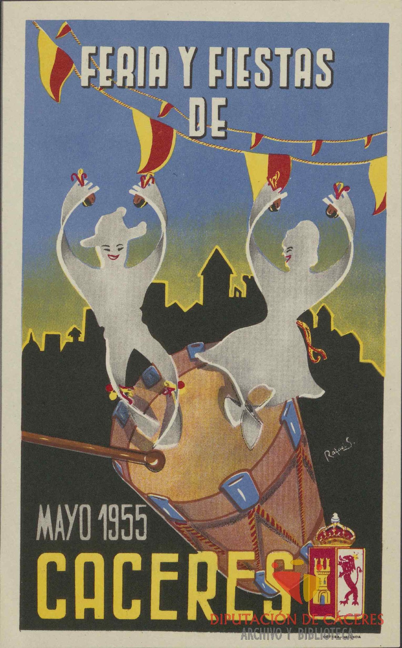 Buntes Plakat, das das "Feria y Fiestas de Caceres"-Karnival in Spanien ankündigt, mit traditionellen Kostümen, gelbem Hintergrund und schwarzer Schrift.