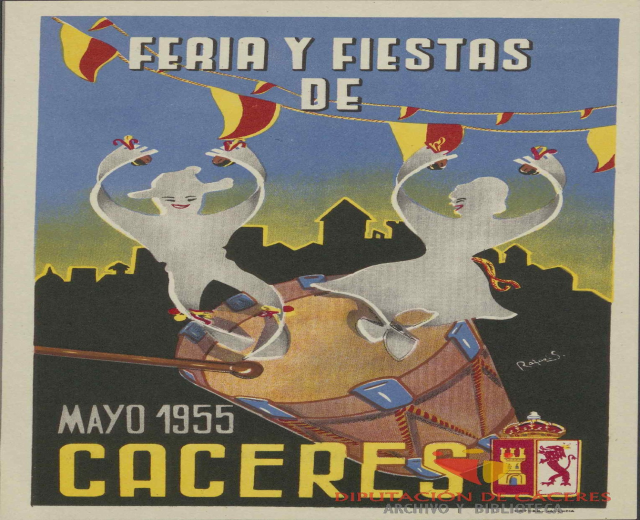 Buntes Plakat, das das "Feria y Fiestas de Caceres"-Karnival in Spanien ankündigt, mit traditionellen Kostümen, gelbem Hintergrund und schwarzer Schrift.