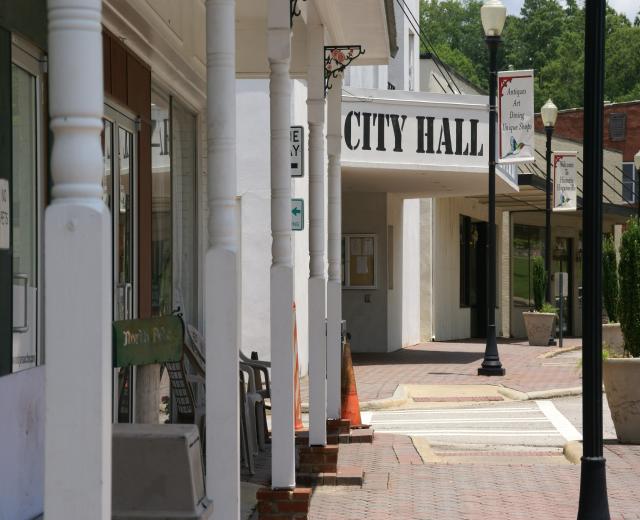 Rathaus mit Gebäuden, Straßenlaternen, Straßenschildern, Kraftfahrzeugen, Verkehrskegeln, Stühlen, Topfpflanzen, Bäumen und einer bewölkten Himmel im Hintergrund.