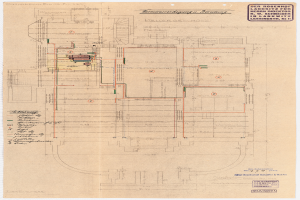 Ein detailliertes architektonisches Zeichnung des Rosenhof-Krankenhauses in Hamburg, Deutschland, mit zahlreichen Drähten und Text, der den Aufbau beschreibt, einschließlich Räumen, Fluren und anderen Merkmalen.