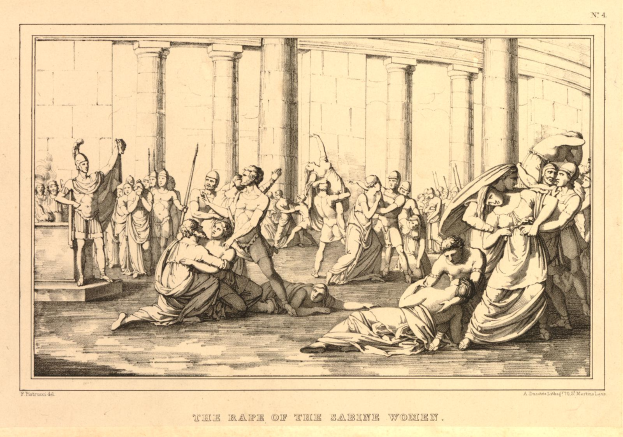 Eine Gruppe von aufgeregten Menschen in einem Raum mit Säulen und einer Wand im Hintergrund, mit dem Text "Die Vergewaltigung der Sabinerinnen" unten.
