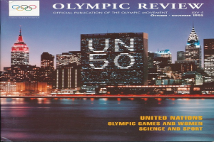 Titelbild des 'Olympic Review Official Publication of the Olympic Movement' Buches, das eine Stadtlandschaft mit Gebäuden, Lichtern und Wasser sowie einen Text zeigt, der 'United Nations Olympic Games and Women Science and Sport' erwähnt.