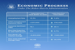 Blauer Hintergrund mit zentrierter weißer Schrift und Logo, das 'wirtschaftliches Wachstum unter der Biden-Harris-Regierung' lautet, mit einem weißen Kreis mit schwarzem Rand.