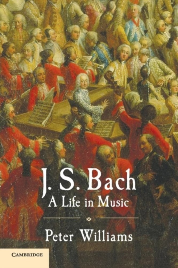 Plakat für "Ein Leben in Musik" von J.S. Bach mit einer Gruppe von Musikern, die Instrumente spielen, und dem Titel darüber.