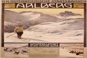 Ein Plakat, das einen Wintersport in den österreichischen Alpen bewirbt, zeigt eine Person beim Skifahren umgeben von Bildern anderer Menschen und Bergen mit Text.