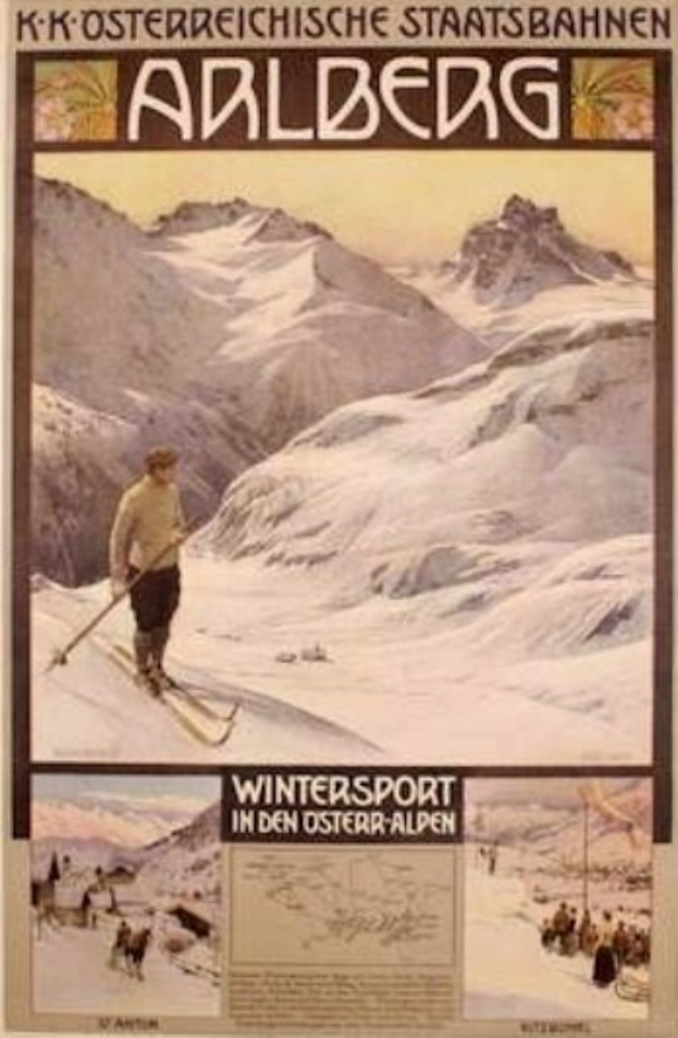 Ein Plakat, das einen Wintersport in den österreichischen Alpen bewirbt, zeigt eine Person beim Skifahren umgeben von Bildern anderer Menschen und Bergen mit Text.