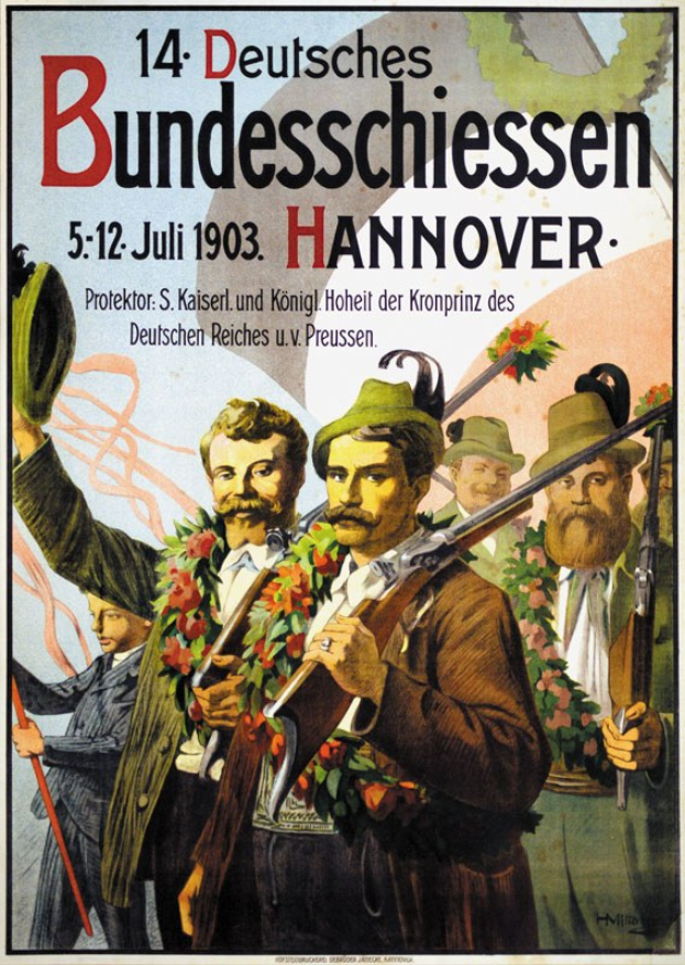 Deutsches Propagandaplakat aus dem Zweiten Weltkrieg, das eine Gruppe von Menschen in Kränzen zeigt, die Gewehre halten, mit Text oben und unten.