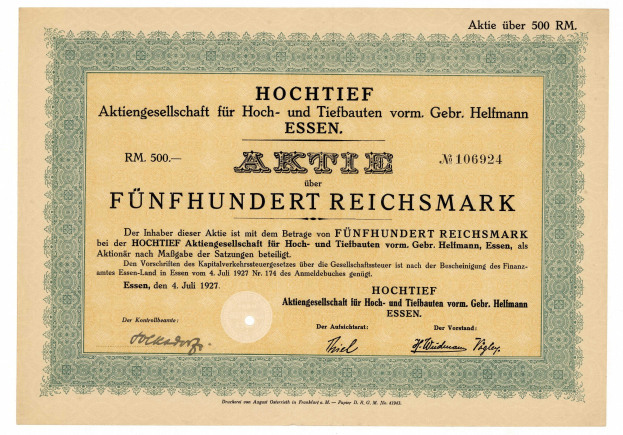 Ein altes deutsches Aktienzertifikat mit einem grünen Rand und gedrucktem Text.