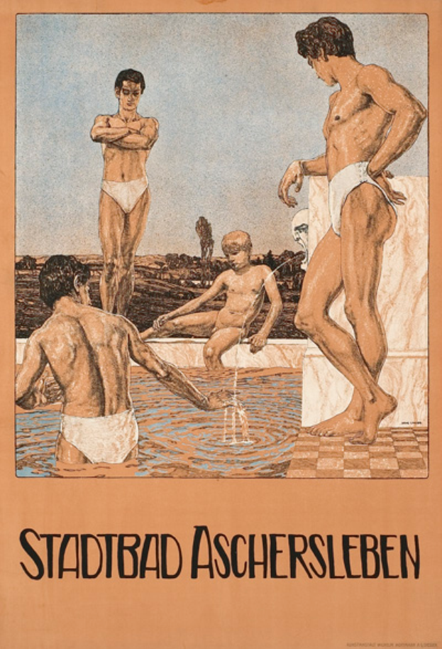 Ein Plakat, das ein Schwimmbad in Aschersleben, Deutschland, bewirbt und eine Gruppe von Menschen im Wasser zeigt, wobei eine Person im Pool sitzt und Textinformationen über das Schwimmbad und seine Einrichtungen enthält.