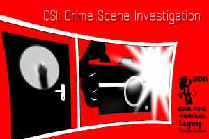 Ein rotes Plakat mit "CSI Crime Scene Investigation" in fetter weißer Schrift, das eine Person in einer schwarzen Kapuzenjacke mit entschlossener Miene zeigt, umgeben von einem schwarzen und weißen Rahmen, vor einem dunklen blauen Hintergrund.