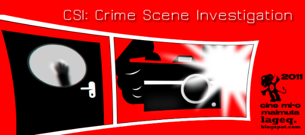 Ein rotes Plakat mit "CSI Crime Scene Investigation" in fetter weißer Schrift, das eine Person in einer schwarzen Kapuzenjacke mit entschlossener Miene zeigt, umgeben von einem schwarzen und weißen Rahmen, vor einem dunklen blauen Hintergrund.