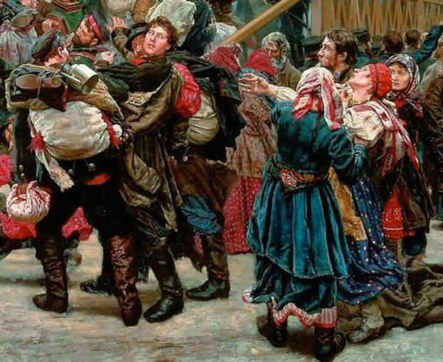 Ein Gemälde zeigt eine lebhafte Gruppe von Menschen, die in traditioneller russischer Kleidung tanzen und Gegenstände halten, vor einem Publikum mit einem hölzernen Haus im Hintergrund, das an eine Szene aus der russischen Revolution erinnert.