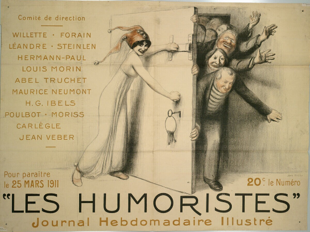 Ein Plakat an einer Gebäudewand mit einer Gruppe lachender, fröhlicher Menschen und der großen Schrift 'Les Humoristes Journal Hebdomadaire Illustré' oben.
