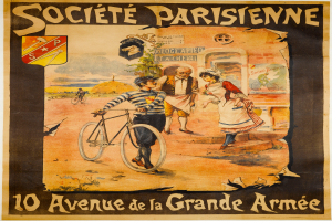 Plakat für ein Fahrradrennen in Paris, das eine Gruppe von Menschen zeigt, von denen einer ein Fahrrad hält, ein Gebäude im Hintergrund und Text, der das Ereignis beschreibt.