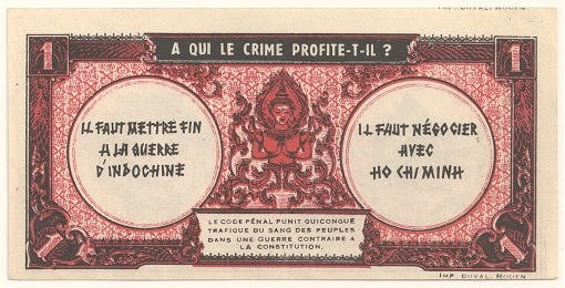 Alte französische Banknote mit ernstem Mann im Anzug, Text "A qui le crime profite-il?" und schwarzem Rand auf weißem Hintergrund.