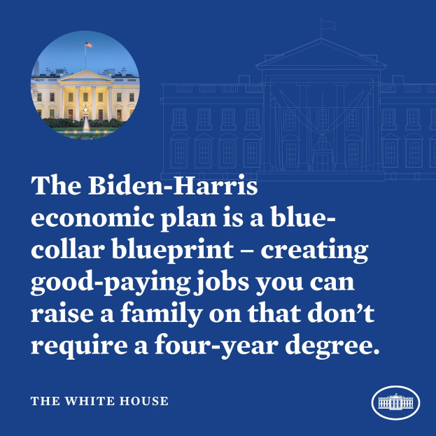 Plakat mit einem Bild des Weißen Hauses und Text, der den Biden-Harris-Wirtschaftsplan als Blaupause für Arbeitsplätze ohne vierjähriges Studium präsentiert.