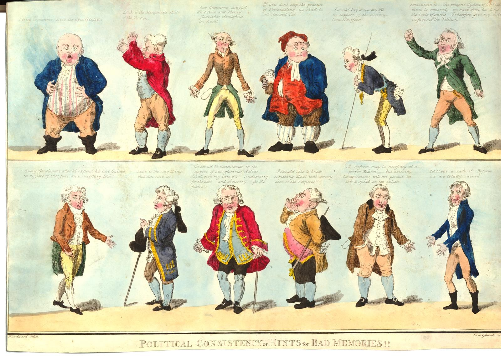 Karikatur einer Gruppe von Männern in verschiedenenfarbiger Kleidung, jeder hält einen Stock, mit dem Text "Politische Konstanz für Tipps für schlechte Erinnerungen" darüber.