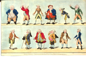 Karikatur einer Gruppe von Männern in verschiedenenfarbiger Kleidung, jeder hält einen Stock, mit dem Text "Politische Konstanz für Tipps für schlechte Erinnerungen" darüber.