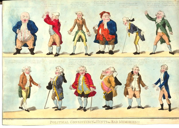 Karikatur einer Gruppe von Männern in verschiedenenfarbiger Kleidung, jeder hält einen Stock, mit dem Text "Politische Konstanz für Tipps für schlechte Erinnerungen" darüber.