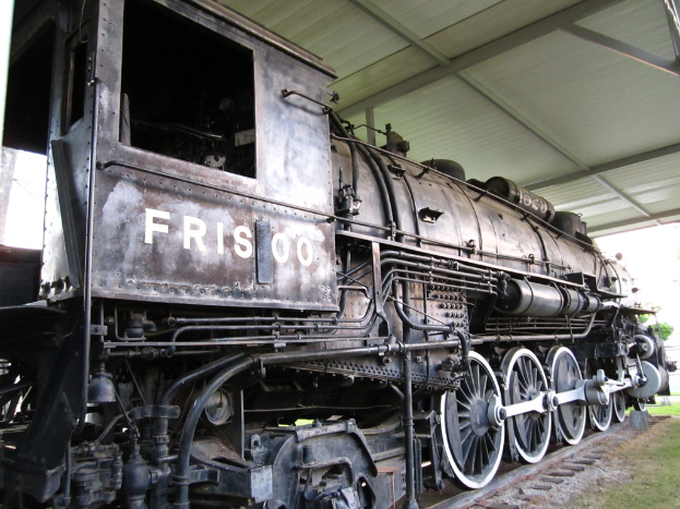 Ein Zug ist in der Mitte auf Schienen mit Gras darunter, einer Decke darüber und Polen oben zu sehen.