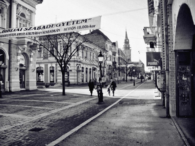 Eine Straßenansicht mit Gebäuden auf beiden Seiten, ein Banner oben links, Laubbäume, dekorative Laternen und einige Fußgänger