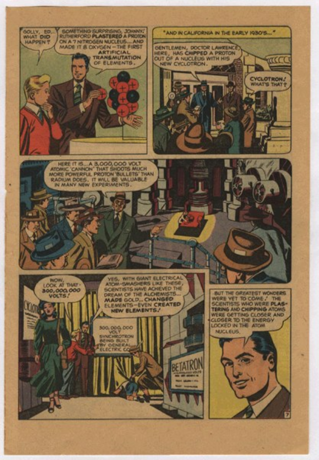 Eine Comic-Seite mit einem Mann in einem blauen Anzug, weißem Hemd und roter Krawatte mit einem ernsten Gesichtsausdruck, umgeben von einer Collage von Bildern und fetter schwarzer Schrift.