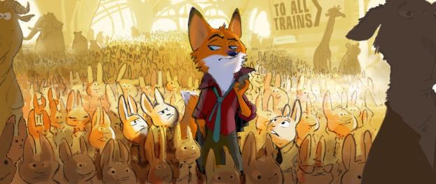 Ein Plakat mit mehreren Cartoons, Text auf der rechten Seite, einer Wand und Fenstern im Hintergrund.