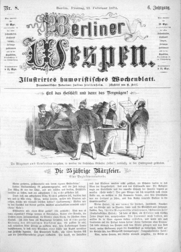Alte deutsche Zeitung "Berliner Wespen" vom 21. Februar 1873 mit einer Gruppe von Menschen in traditioneller deutscher Tracht, die sich unterhalten, mit deutscher Schrift, die wahrscheinlich über das Ereignis berichtet.