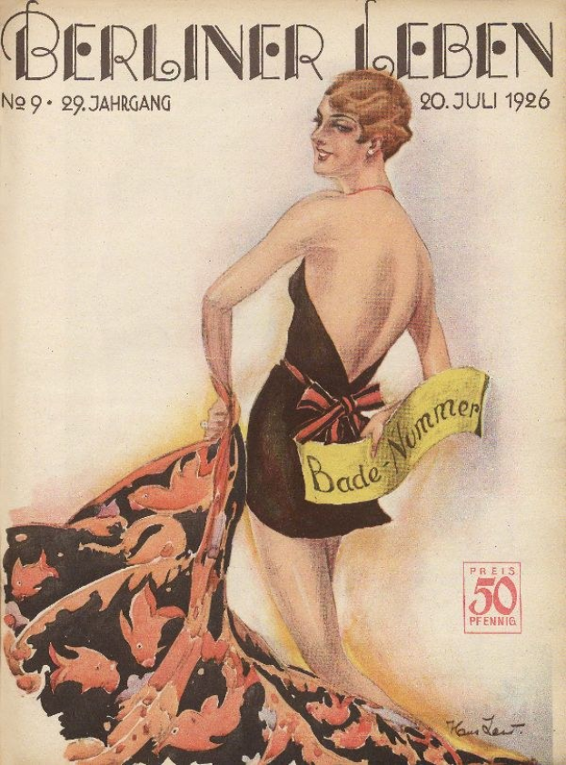 Titelbild der Berliner Leben Zeitschrift aus Juni 1926 mit einer Frau in Badeanzug, die ein Tuch hält, und dem Zeitschriftennamen darüber