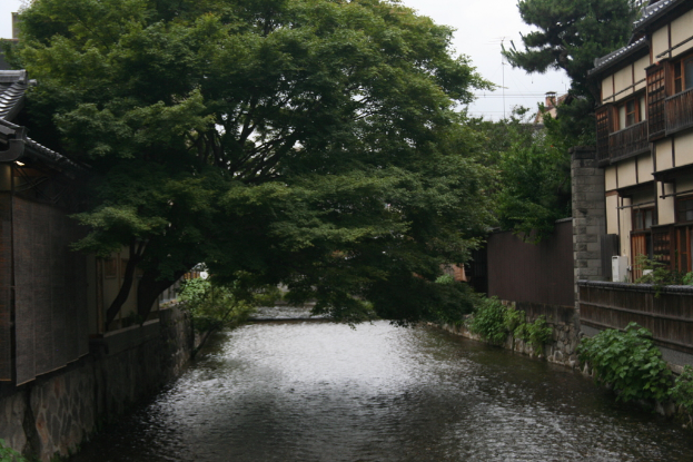 Eine friedliche Außenansicht mit einem See unten, flankiert von zwei Gebäuden mit Wänden, Fenstern, Dächern, Geländern und Türen, umgeben von zahlreichen Bäumen und Pflanzen.