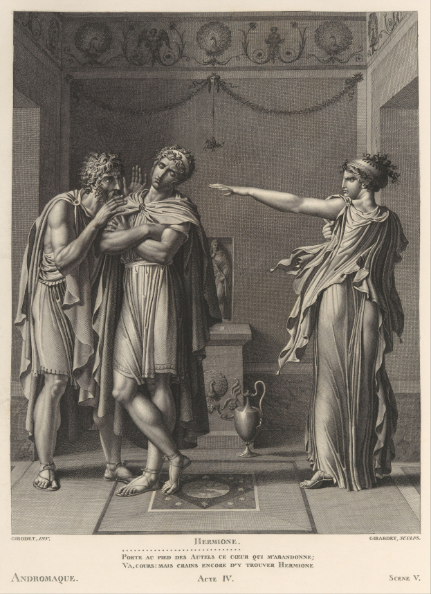 Eine Schwarz-Weiß-Gravur eines Mannes und einer Frau, die nebeneinander in einem Raum stehen, mit Text unten und dem Mann in Schuhen.