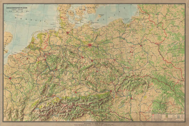 Ausführliche alte Deutschlandkarte, die Straßen, Autobahnen und geografische Merkmale mit Text oben und unten zeigt.