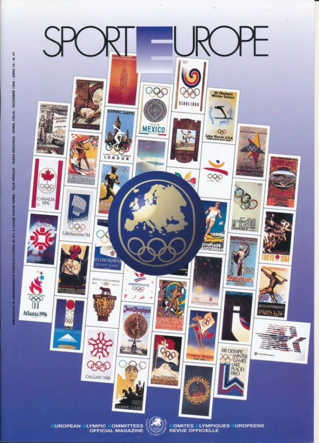 Ein Buchumschlag mit dem Titel "Sport in Europa" in leuchtenden Farben, detaillierten Designs und verschiedenen Olympischen Symbolen in Zusammenhang mit den Olympischen Spielen in Europa.