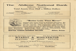 Schwarze und weiße Zeitungsanzeige für die Abilene National Bank mit einem zentralen Porträt und Text, der die Dienstleistungen beschreibt.