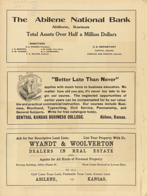 Schwarze und weiße Zeitungsanzeige für die Abilene National Bank mit einem zentralen Porträt und Text, der die Dienstleistungen beschreibt.
