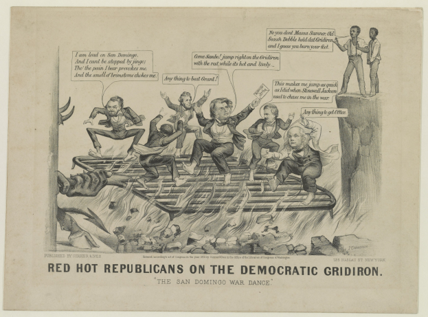 Ein Blatt Papier mit einer Zeichnung von aufgeregten roten heißen Republikanern auf einem demokratischen Gridiron, mit fetter schwarzer Schrift, die eine ernste Situation betont.