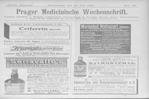 Schwarze und weiße Zeitungsausschnitt mit einer Anzeige für eine Flasche Medizin mit begleitendem Text.