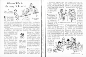 Ein aufgeschlagenes Buch mit einer Zeichnung von Kindern, die in einem Kindergarten spielen, begleitet von Text, Bildern und einer Tabelle mit verschiedenen Gegenständen.