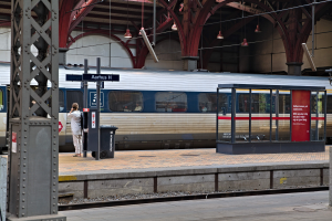 Ein Zug fährt auf ein Bahnsteig mit einer Person in der Nähe, einem Müllcontainer, mehreren Pfosten, Informationsschildern und Deckenleuchten.