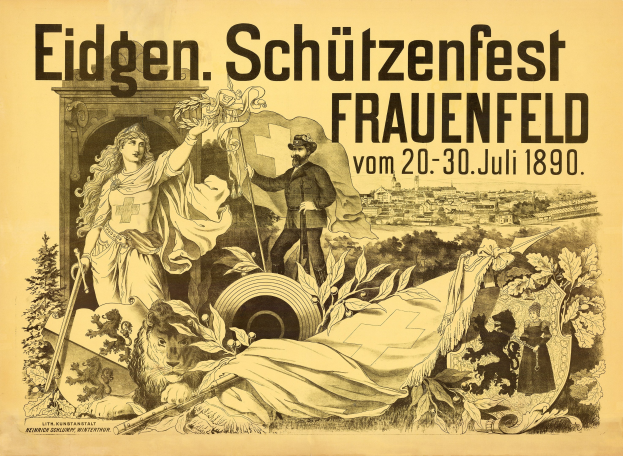 Plakat für das Eidgenössische Schützenfest in Frauenfeld, Deutschland, mit einem Mann im Anzug und einer Frau im Kleid nebeneinanderstehend und Veranstaltungseinzelheiten.