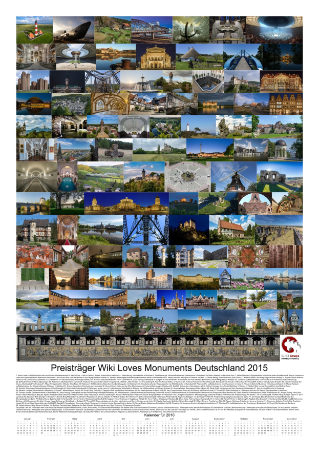 Kalender mit dem Titel "Preisträger Wiki Loves Monuments Deutschland 2015" mit einem Collage von deutschen Monumenten aus dem Jahr 2015.