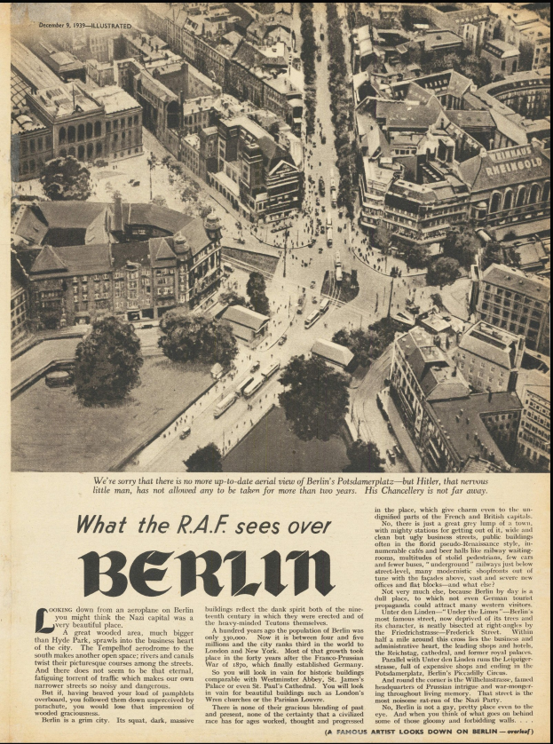 Altes Zeitungsblatt mit Schwarz-Weiß-Fotografie eines Stadtpanoramas mit Gebäuden, Bäumen und Fahrzeugen sowie Text.