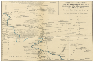 Eine Karte des Deutschen Reichs aus dem 19. Jahrhundert, die den Rhein Fluss hervorhebt, mit beschreibendem Text auf dem Papier.